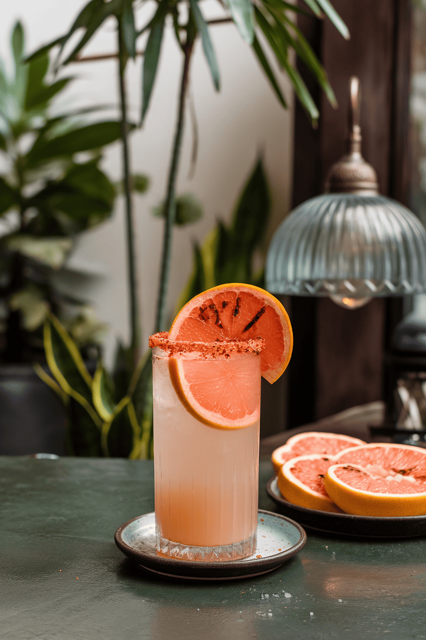 Indoor hacienda bar with highball glass of pale pink grapefruit cocktail, half grilled grapefruit wheel on rim, salt-chili dusted; photo, no logos.