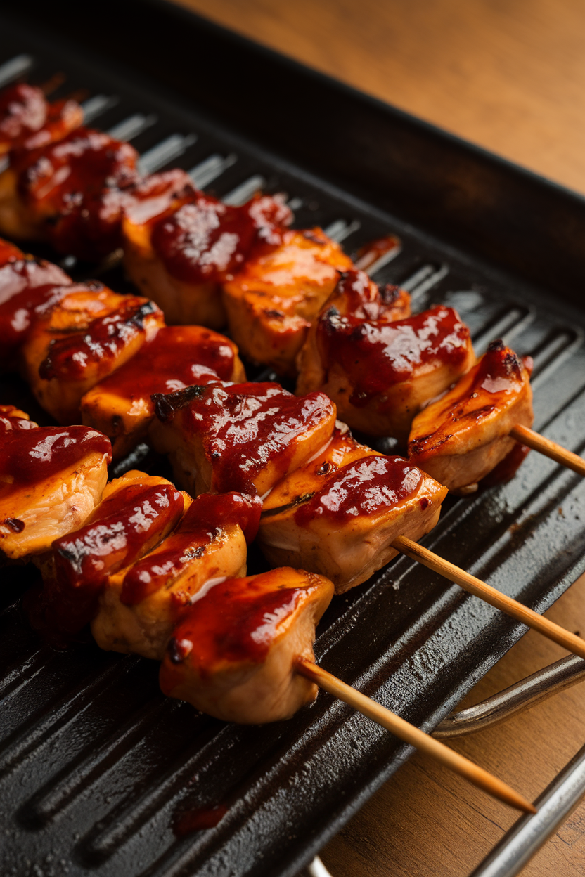 An indoor grill pan with skewered chicken cubes lacquered in deep red gochujang-pumpkin sauce, grill marks visible. No text or logos. Photo, not illustration.