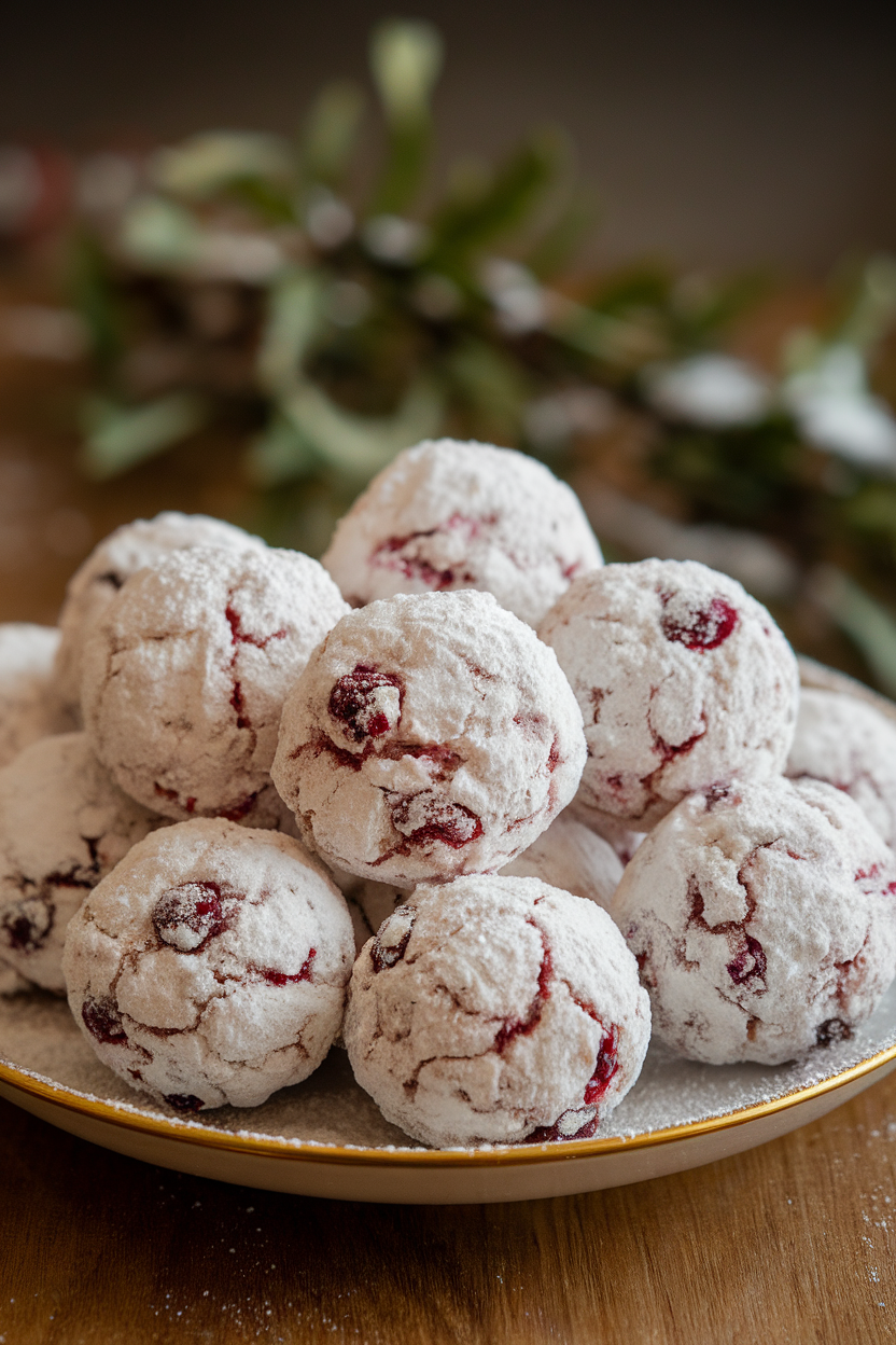 Indoor shot of round powdered-sugar snowball cookies with specks of red cranberry throughout, on a festive plate. No logos or text. Photo only.