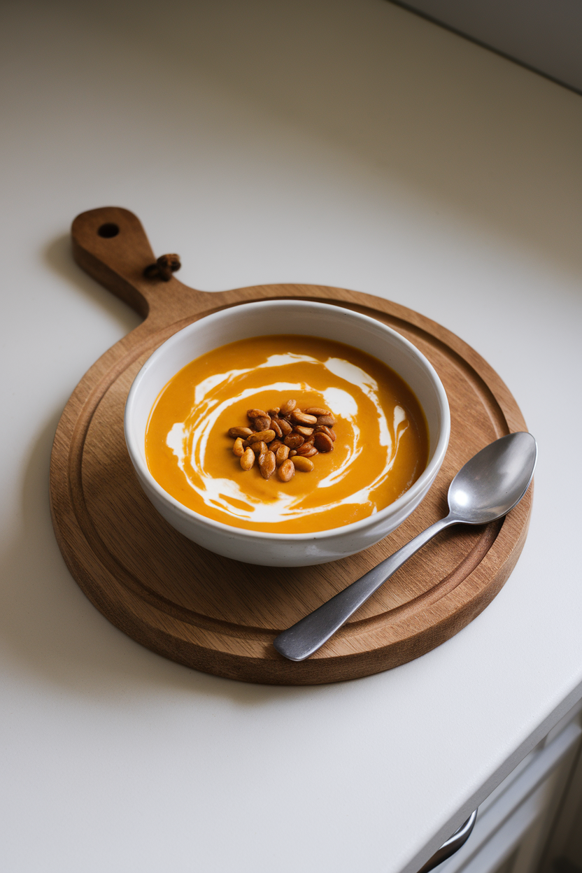 Indoor kitchen counter featuring a bowl of creamy orange butternut squash soup swirled with crème fraîche and topped with toasted pepitas. Photo, no text or logos.