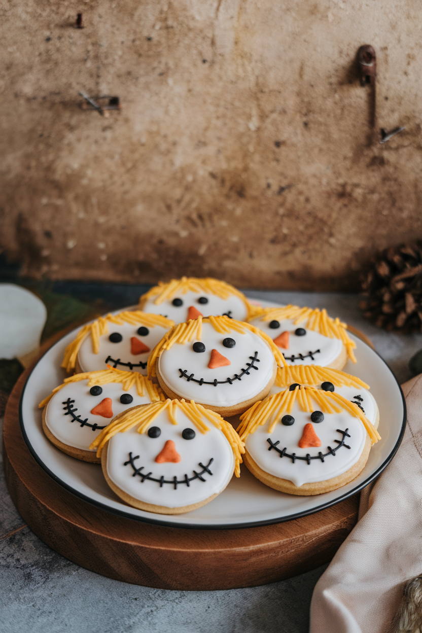 Indoor photo of round cookies with iced scarecrow faces, straw hair made from yellow sprinkles, and stitched smiles, no text or logos.