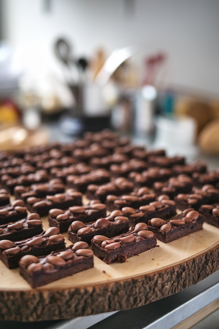 Indoor image of brownies dotted with whole chocolate-covered espresso beans arranged in orderly rows like catacomb bones; no text or logos
