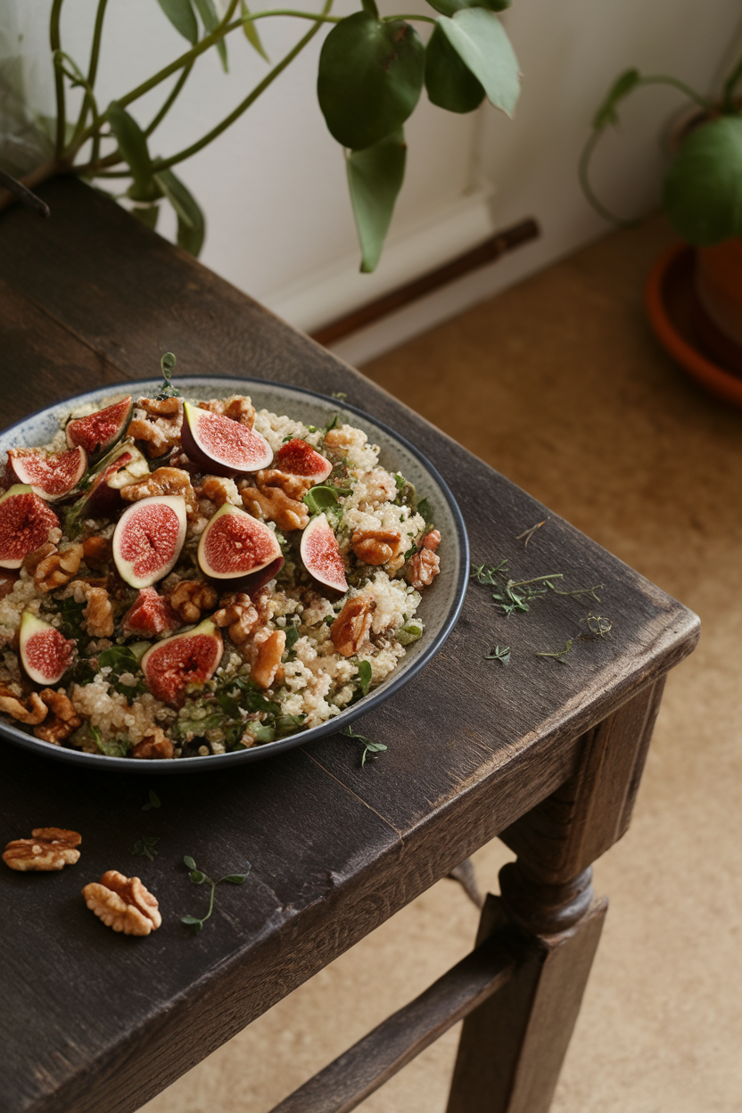 Rustic indoor table with quinoa mixed with sliced fresh figs and roasted walnuts; no logos or text present.