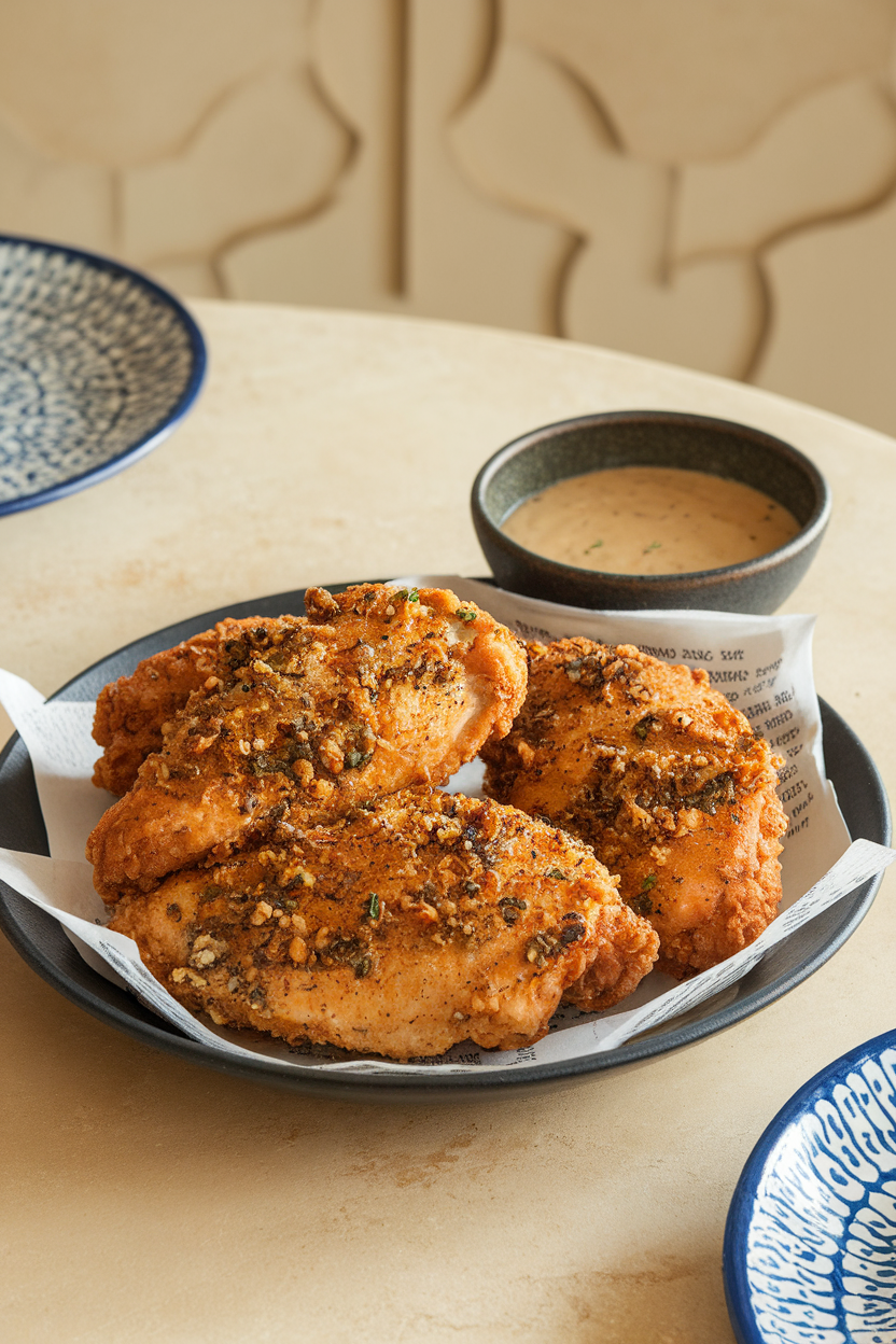 Indoor dining table with fried chicken breasts coated in coarse cracked black pepper and mixed herbs, small bowl of gravy, photo only, no text or logos