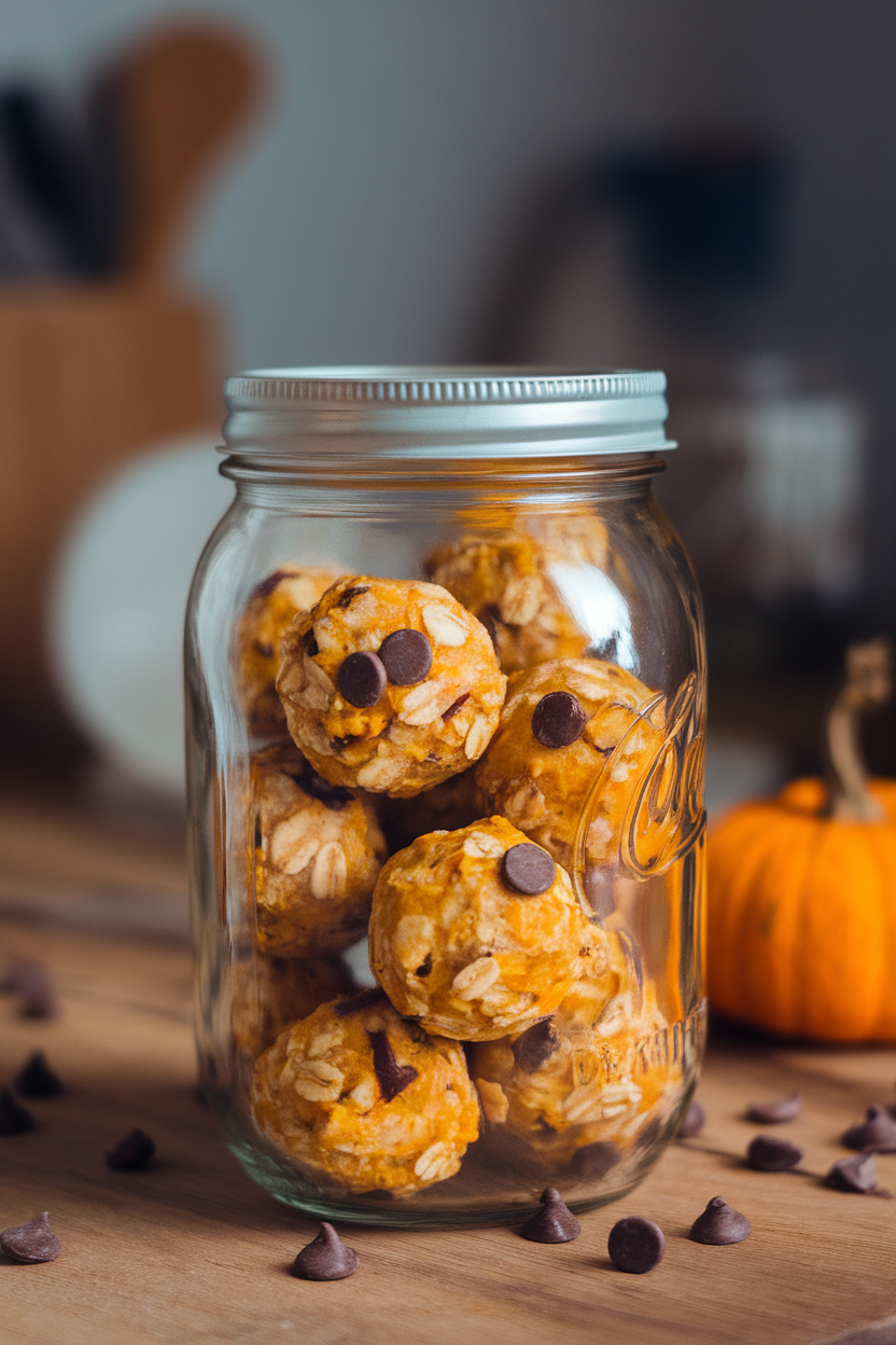 Indoor mason jar filled with small oat-based energy balls flecked with orange pumpkin puree and mini chocolate chips. Photo, no text or logos.