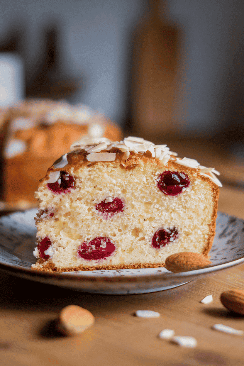Indoor dessert plate displaying a slice of almond pound cake flecked with sour cherries and topped with a thin almond glaze. No text or logos. Photo.