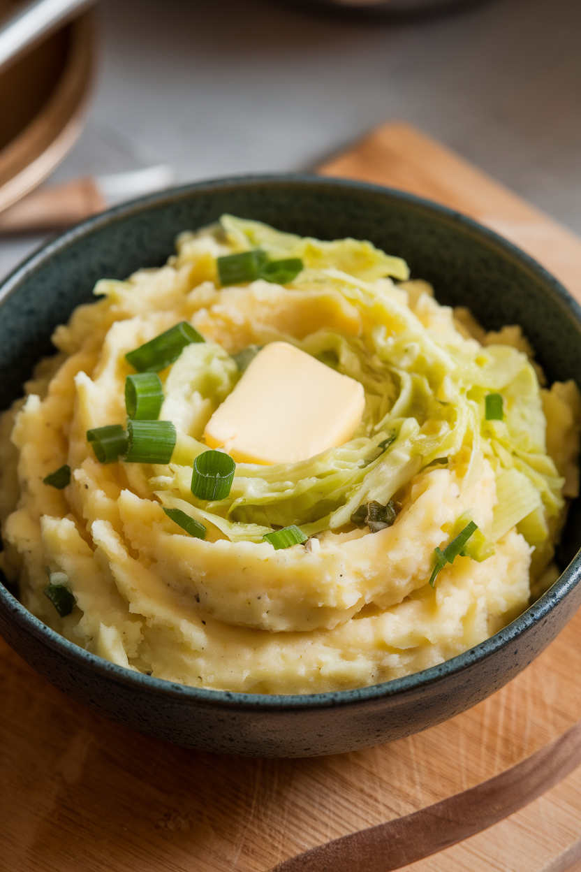Indoor bowl of Irish colcannon: mashed potatoes swirled with sautéed cabbage and green onions, butter melting in center. Photo, no text or logos.