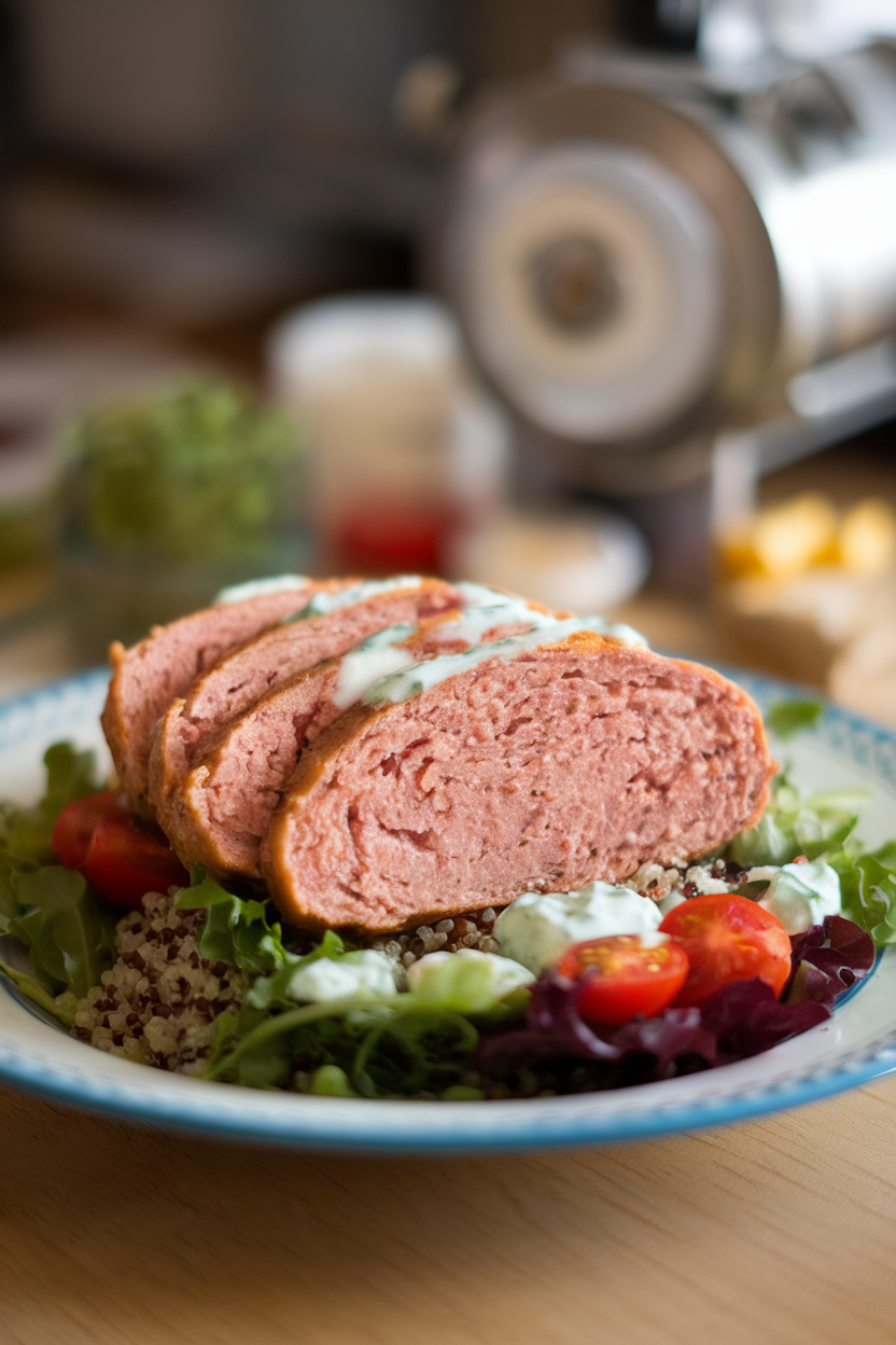 Indoor photo of sliced turkey burger patty over mixed greens with quinoa, cherry tomatoes, and a drizzle of tzatziki. No text or logos.