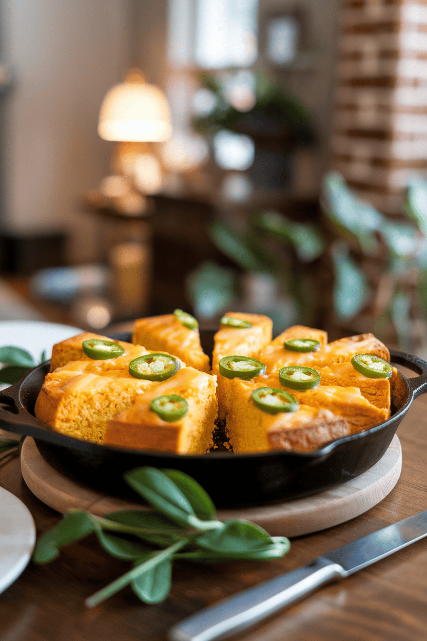 Indoor dining table scene with golden cornbread wedges dotted with jalapeño slices and melted cheddar, served in a cast-iron skillet. No text or logos visible. Photo, not illustration.