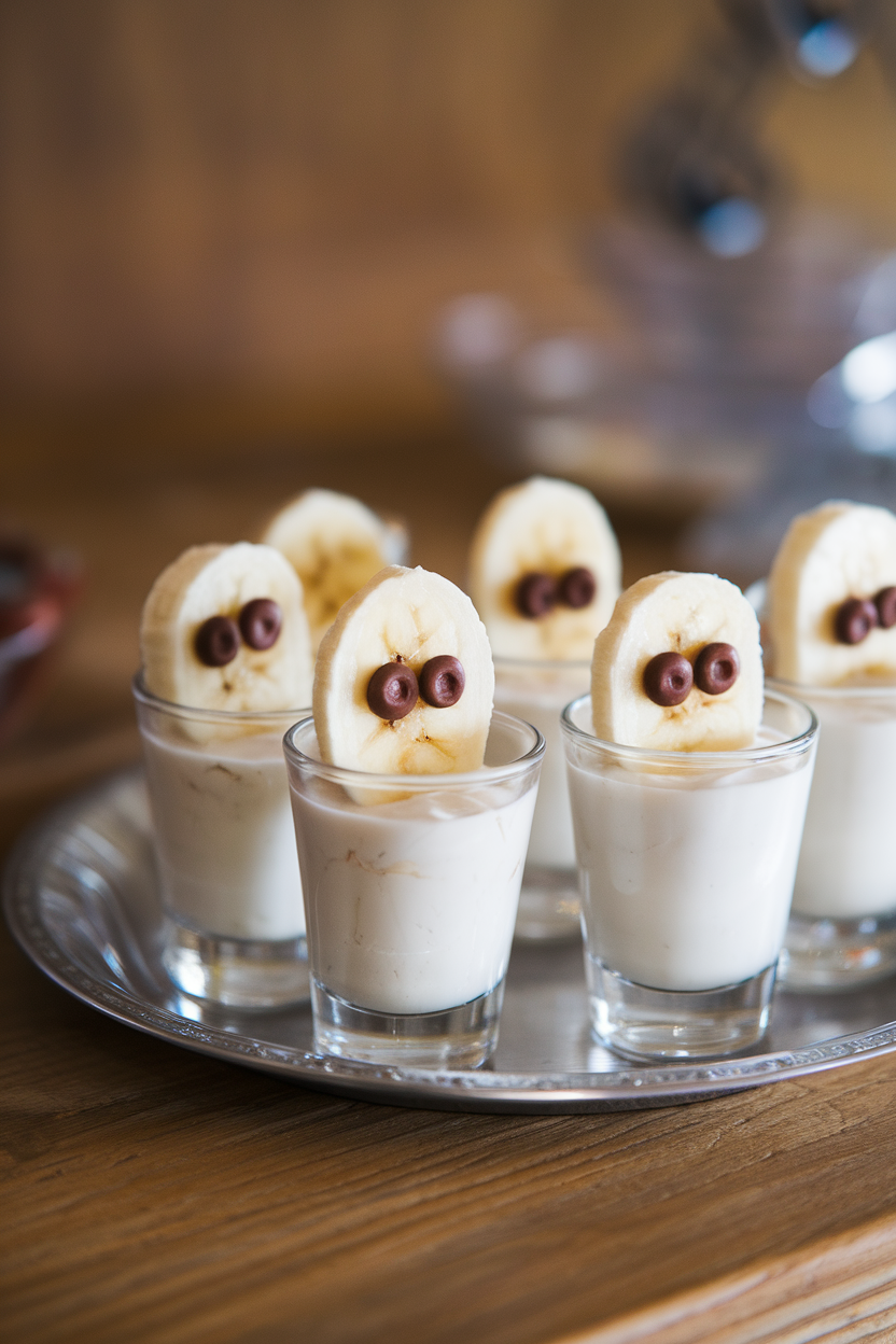 An indoor snack tray holding clear shot glasses filled with vanilla yogurt and standing banana slices with chocolate eye dots peeking above the rim. No text or logos.