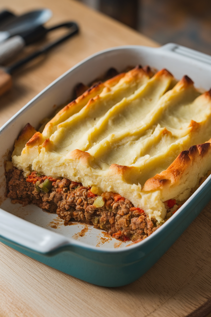 Indoor photo of an oblong baking dish showing a cross-section of shepherd’s pie—ground meat and veggies under a ridged mashed-potato topping, lightly browned. No logos or text.