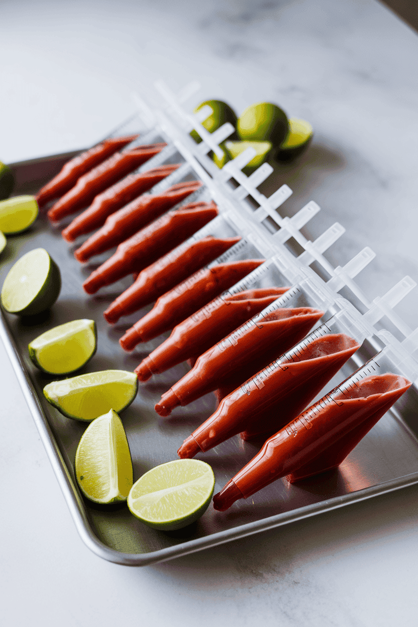 An indoor kitchen tray lined with plastic condiment syringes filled with rich red tomato cocktail mix, lime wedges nearby. No brand names, text, or logos visible.