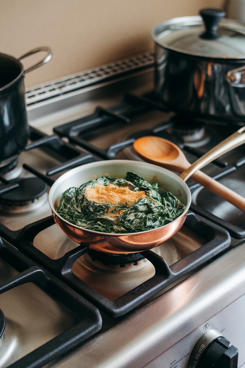 Cozy indoor stovetop presenting a small copper pan of creamy spinach topped with a hint of nutmeg. Photo, no text or logos.