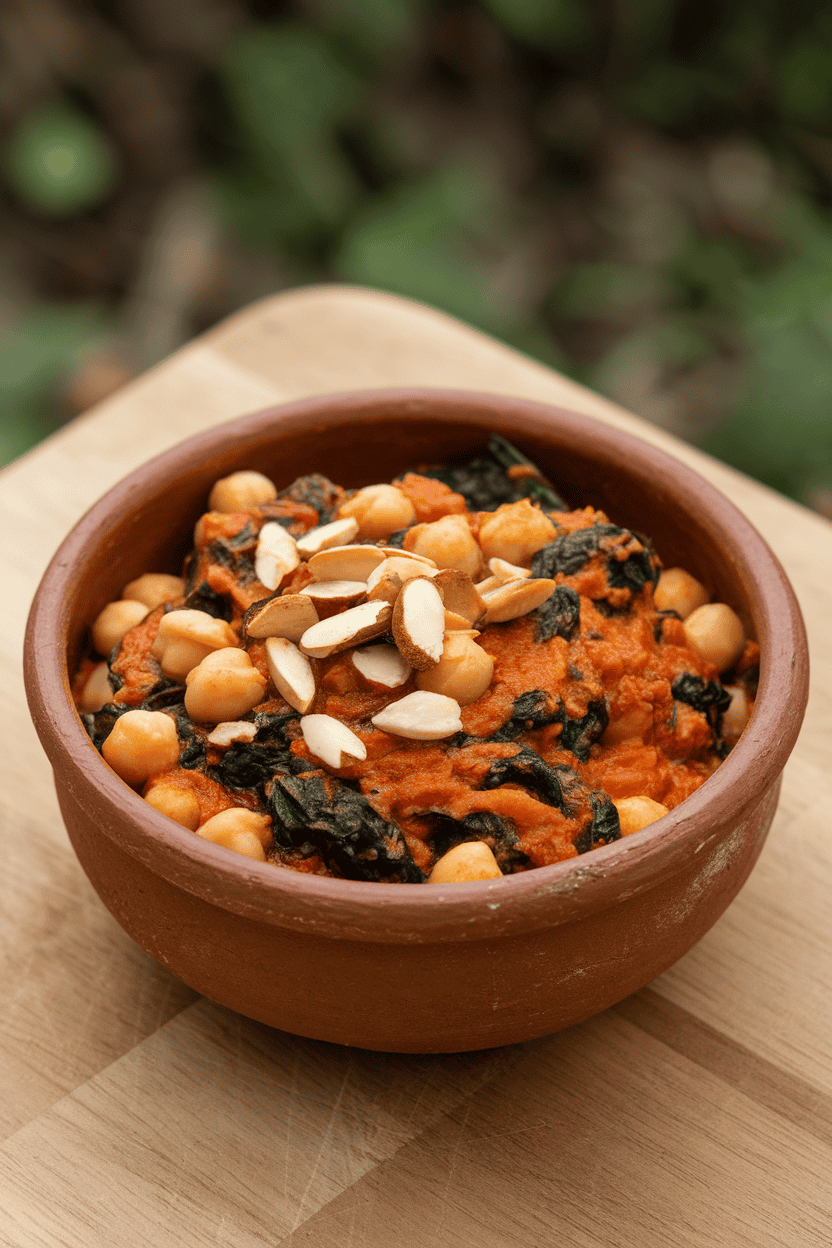 Indoor photo of a rustic clay bowl containing cooked spinach and chickpeas in paprika-spiced tomato sauce, garnished with toasted almonds. No text or logos.
