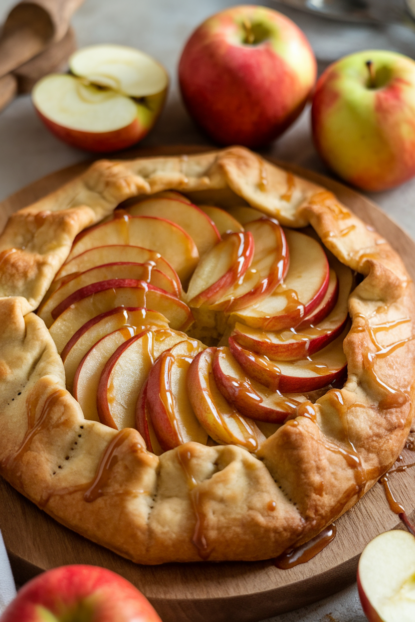 Indoor photo of a rustic apple galette, edges folded casually, caramel drizzled over browned apple slices. No text or logos.