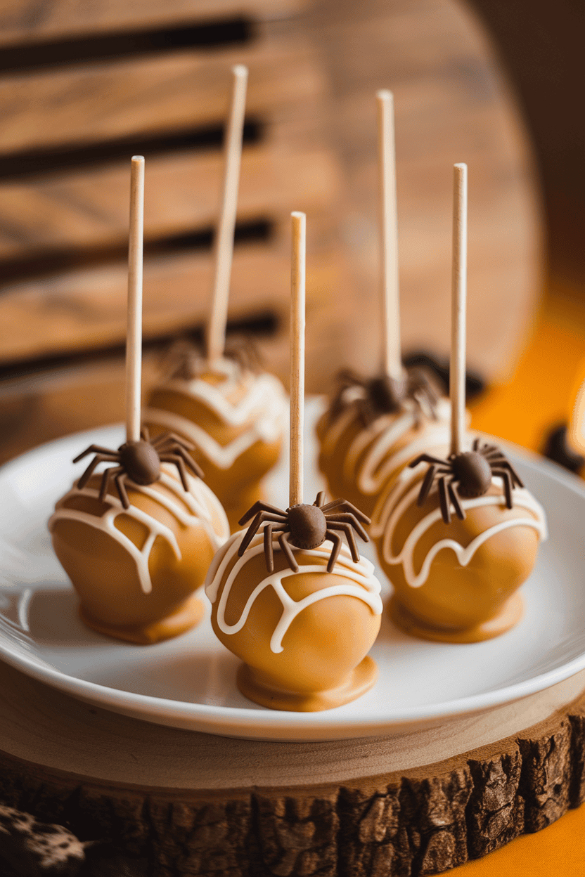 Golden honey cake pops drizzled with white chocolate in web patterns and topped with tiny chocolate spider shapes, indoor warm light; no logos or text. Photo.