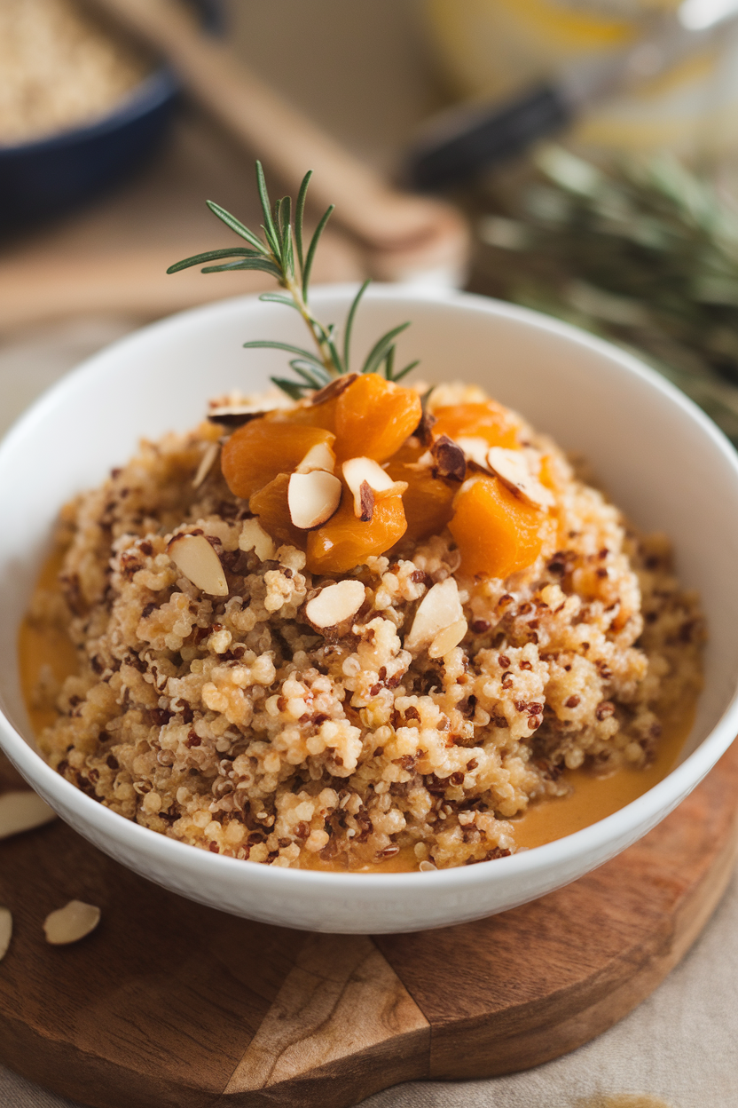 Indoor bowl of quinoa studded with chopped dried apricots and toasted almonds; no text or logos.