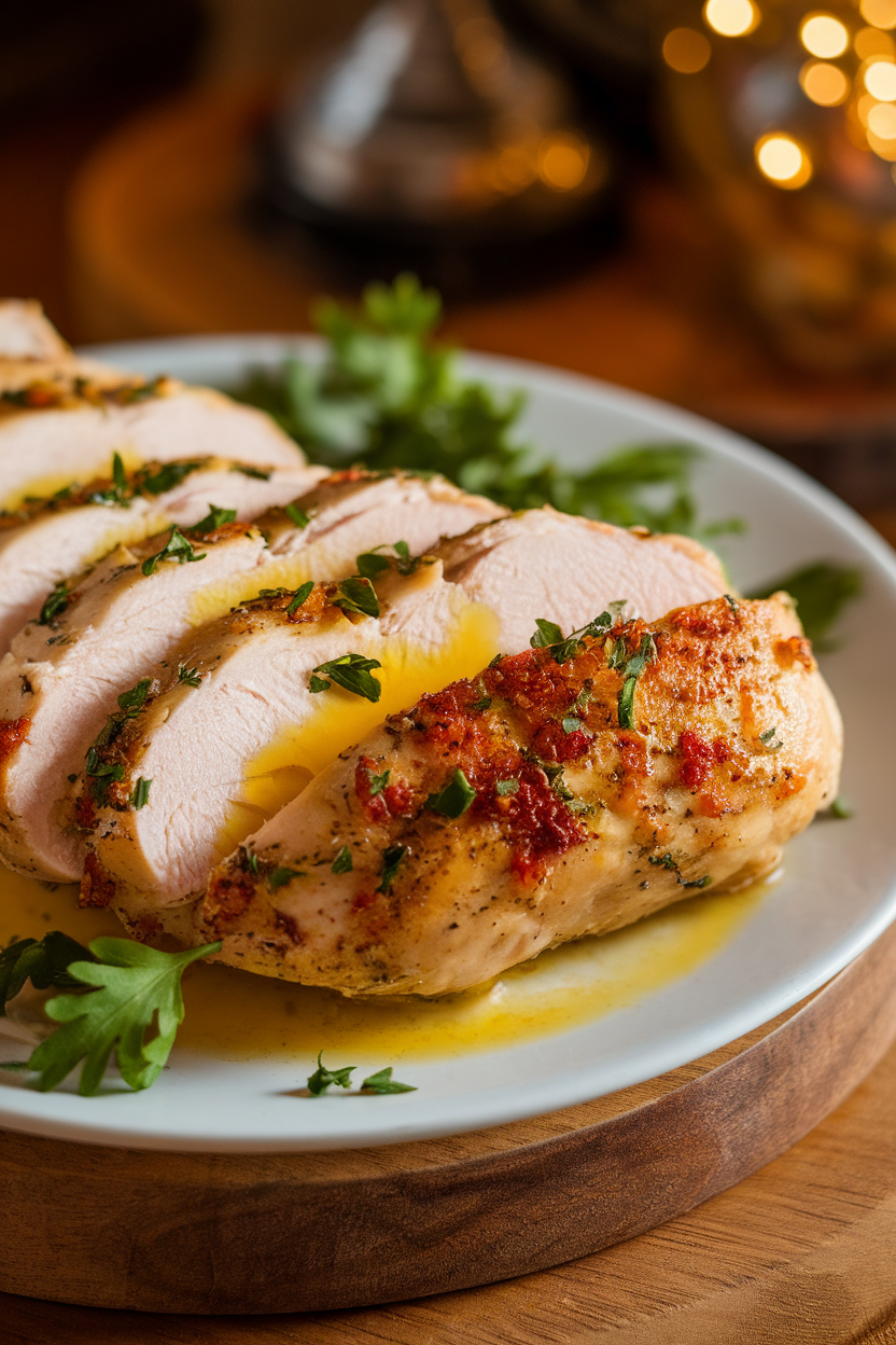 Indoor photo of sliced garlic-butter chicken breast on a white plate, drizzled with melted butter and sprinkled with parsley; warm table lighting, no text or logos