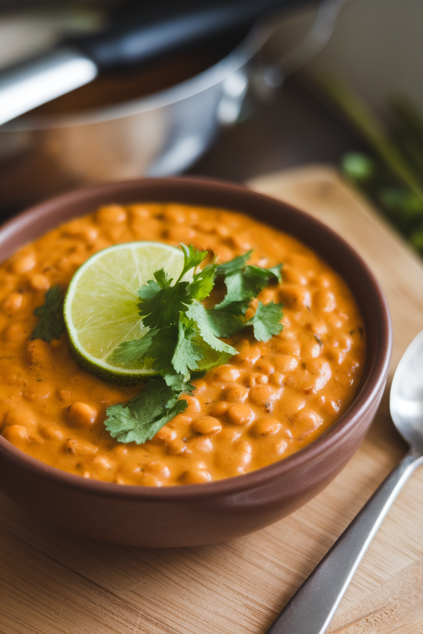 An indoor bowl with creamy orange lentil dal topped with cilantro and a squeeze of lime. Photo only, no text or logos.