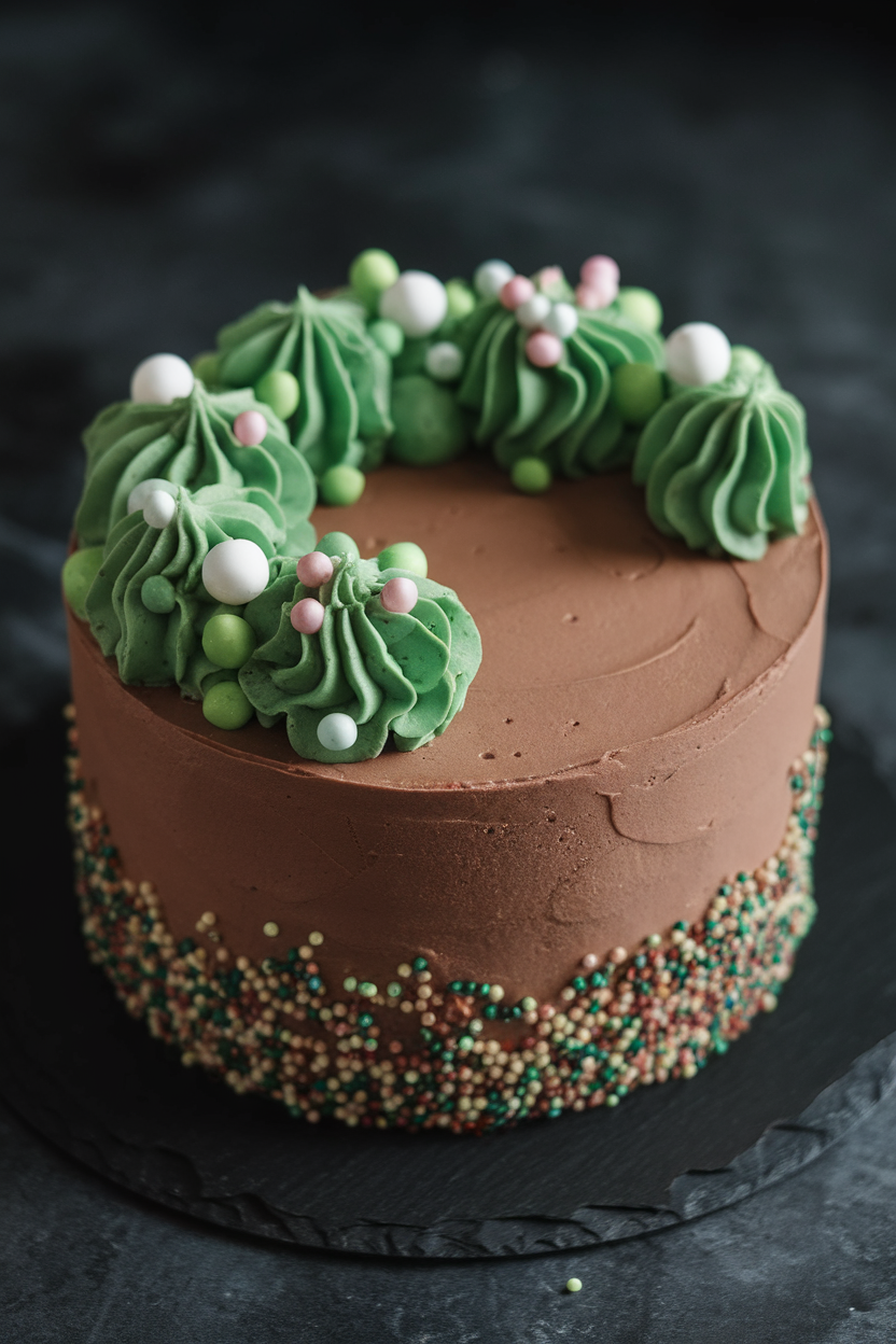 Indoor photo of a stout-infused chocolate cake featuring green frosting bubbles and candy pearls, set on a black slate. No text or logos.