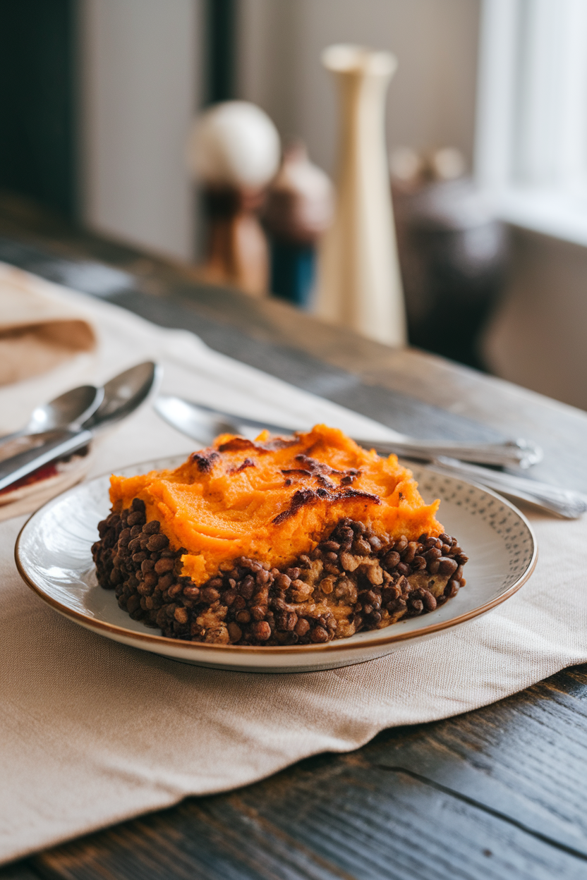 An indoor table with a casserole of lentil mushroom filling topped with mashed sweet potatoes, browned slightly. No text or logos, photo style.