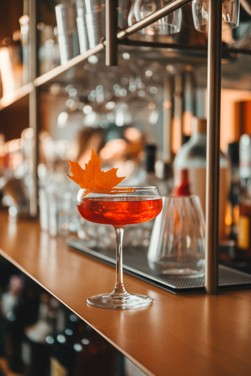 Indoor bar shelf with coupe of reddish-amber cocktail, maple leaf-shaped orange peel garnish floating. No logos or text. Photo, not illustration.