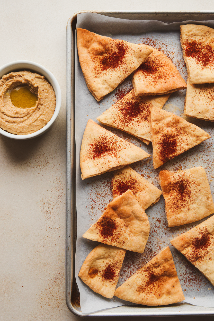 An indoor baking sheet of toasted pita chips lightly dusted with reddish sumac, placed beside a small bowl of hummus. No text or logos. Photo, not illustration.