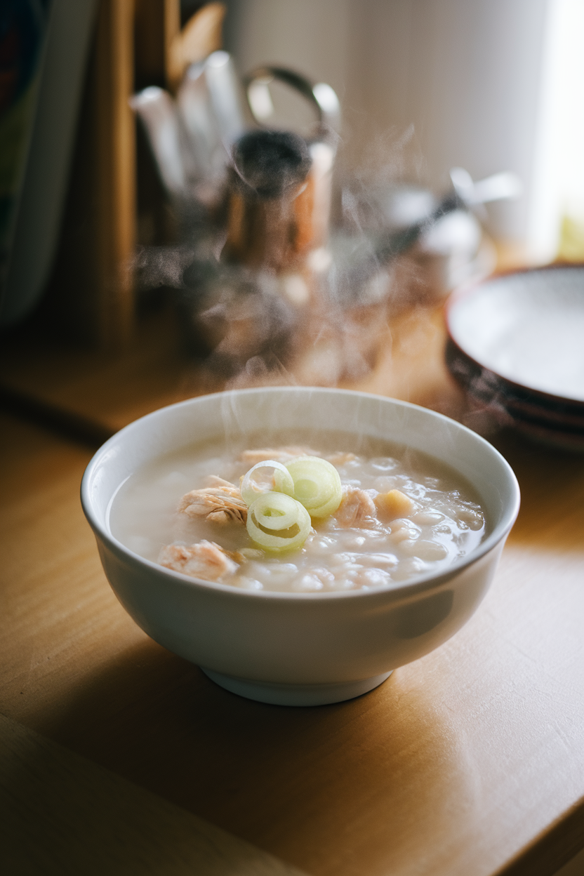 A softly lit indoor kitchen table featuring a white ceramic bowl of steaming chicken congee topped with two or three paper-thin scallion rounds. No text or logos anywhere in the frame; photo only.