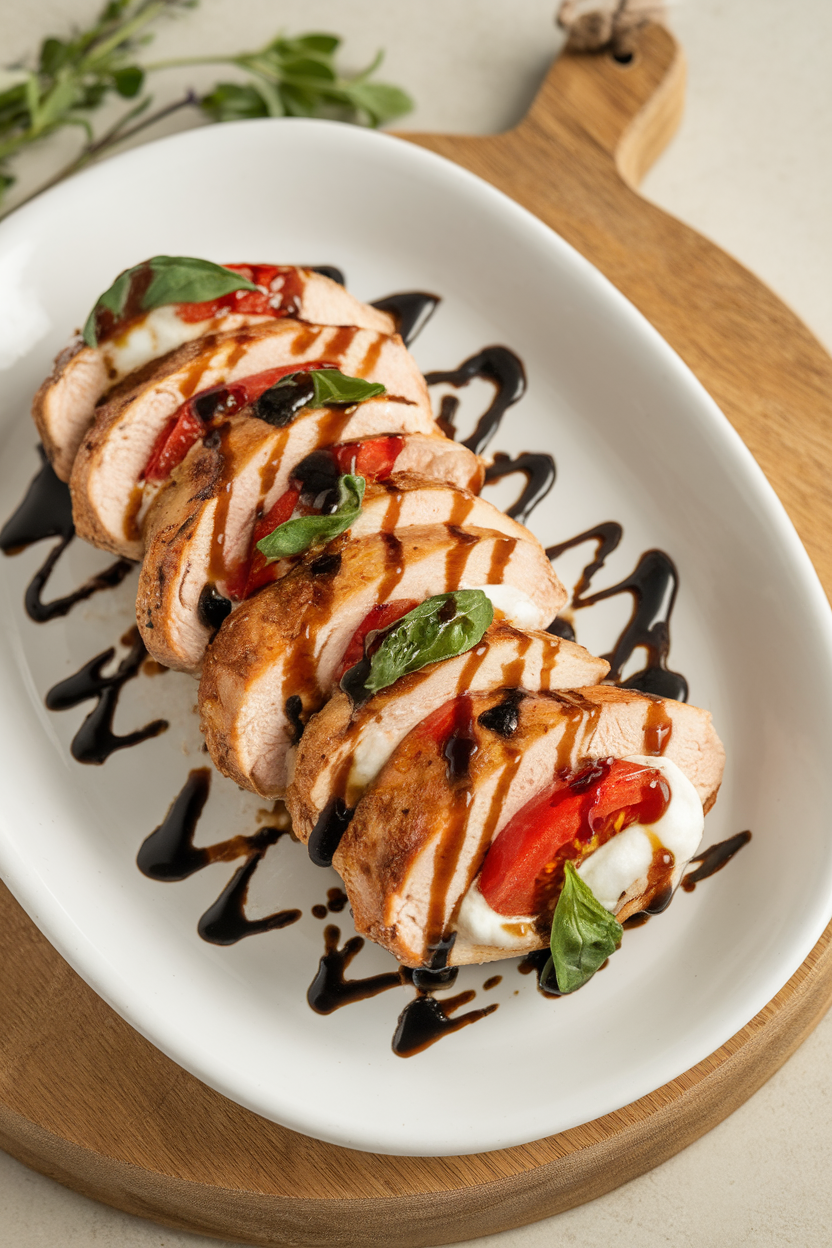 Indoor photo of sliced chicken breast revealing gooey mozzarella, tomato, and basil filling on a white platter, drizzled with balsamic glaze. Soft overhead lighting, no text or logos.