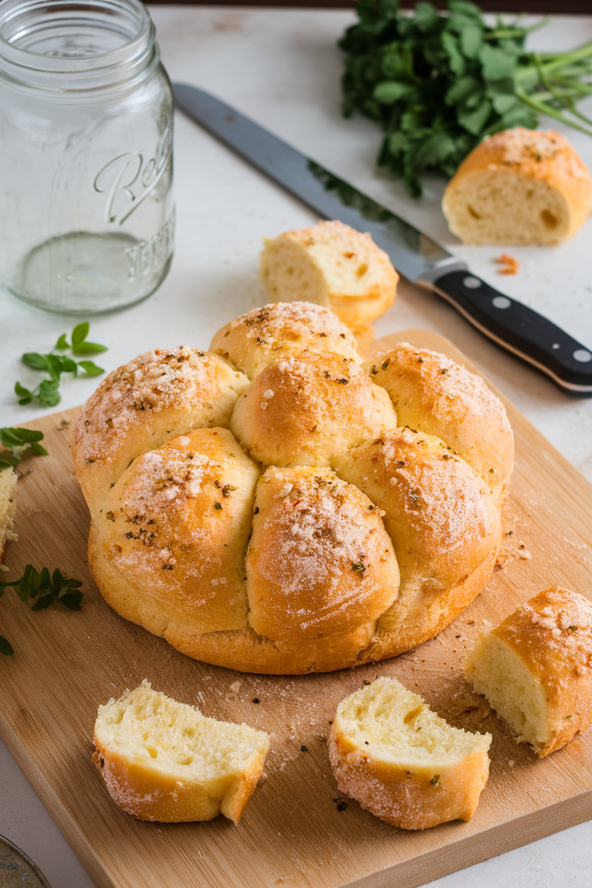 Indoor cutting board displaying a round pull-apart bread loaf, pieces brushed with garlic butter and dusted in Parmesan. Photo, no text or logos.