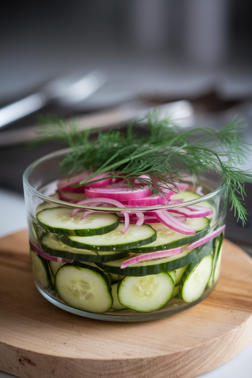 Indoor photo of sliced cucumbers layered with wisps of pickled red onion and fresh dill fronds in a clear glass bowl; no text or logos.
