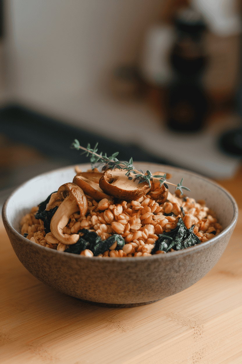 Indoor photo of toasted buckwheat groats mixed with roasted cremini mushrooms and spinach, garnished with thyme; no logos.