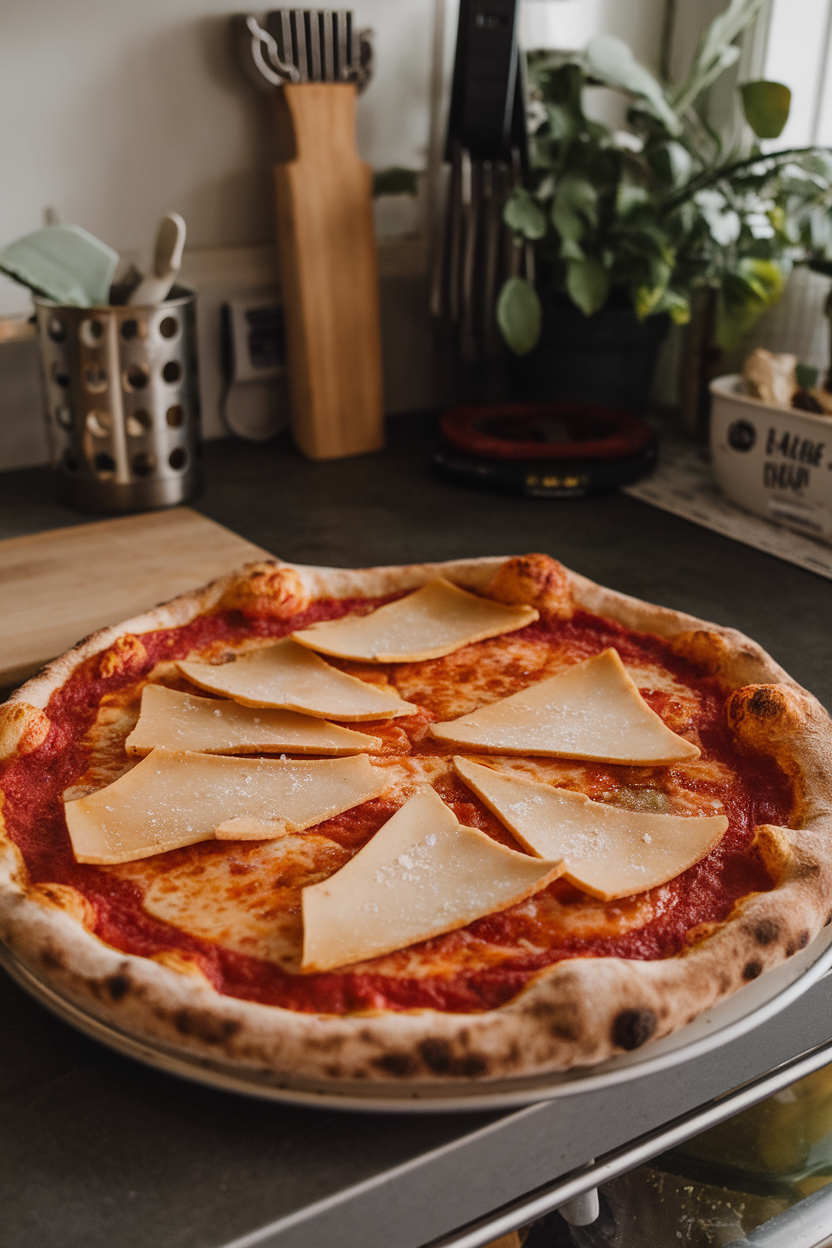 Indoor kitchen counter featuring a pizza with shards of Parmesan crisps scattered like broken glass over marinara. Photo only, no text or logos.