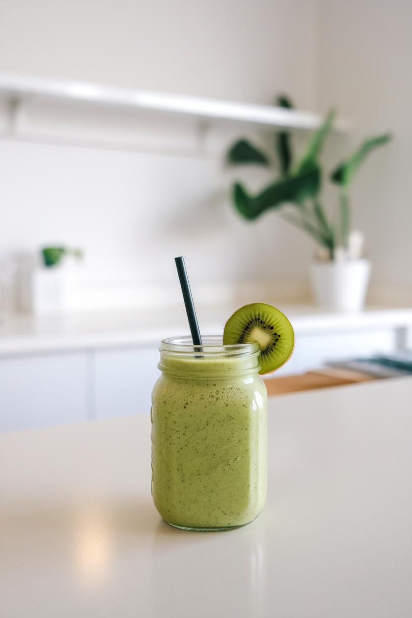 Indoor breakfast bar presenting a mason jar of thick bright-green smoothie with kiwi slice on rim and black paper straw. No text or logos visible. Photo, not illustration.