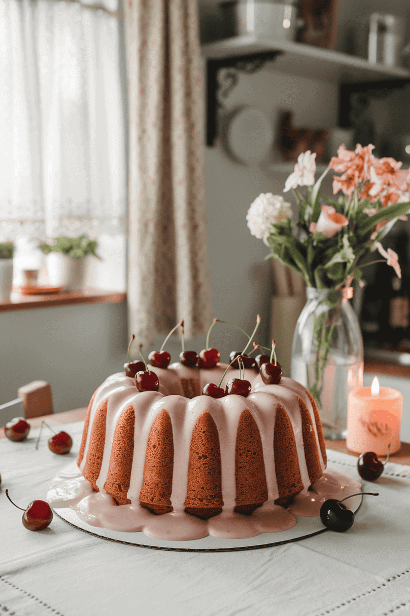 An indoor kitchen table featuring a bundt cake with a light pink cherry glaze, cola bubbles faintly implied in the icing pockets, maraschino cherries arranged around. No text or logos. Photo.