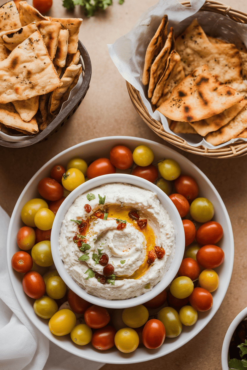 Indoor tabletop photo of whipped feta dip, baked pita chips, and colorful grape tomatoes, no text or logos.