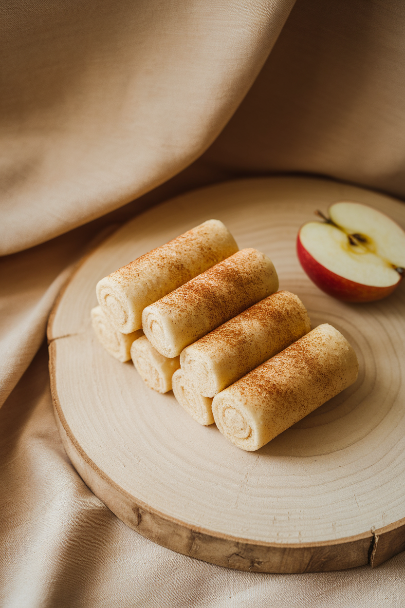 Indoor tabletop displaying cylindrical puffed-rice rolls dusted with cinnamon, stacked next to a red apple slice. No logos or text.