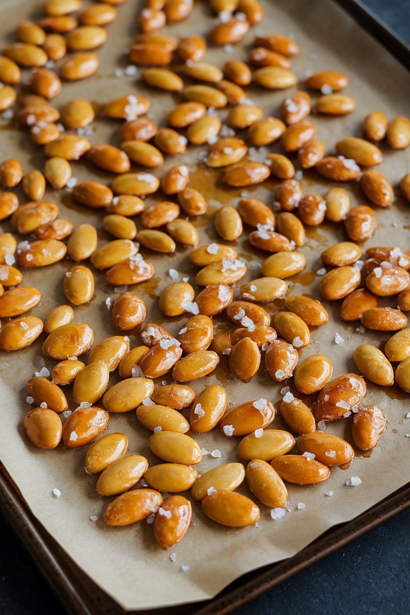 Indoor baking sheet of glossy pumpkin seeds coated in maple syrup and sea salt, cooling on parchment. Photo, no text or logos.