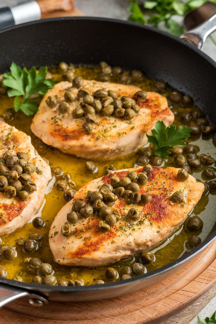 Indoor depiction of chicken cutlets in a skillet bathed in lemon-capers sauce, garnished with parsley. No text or logos.
