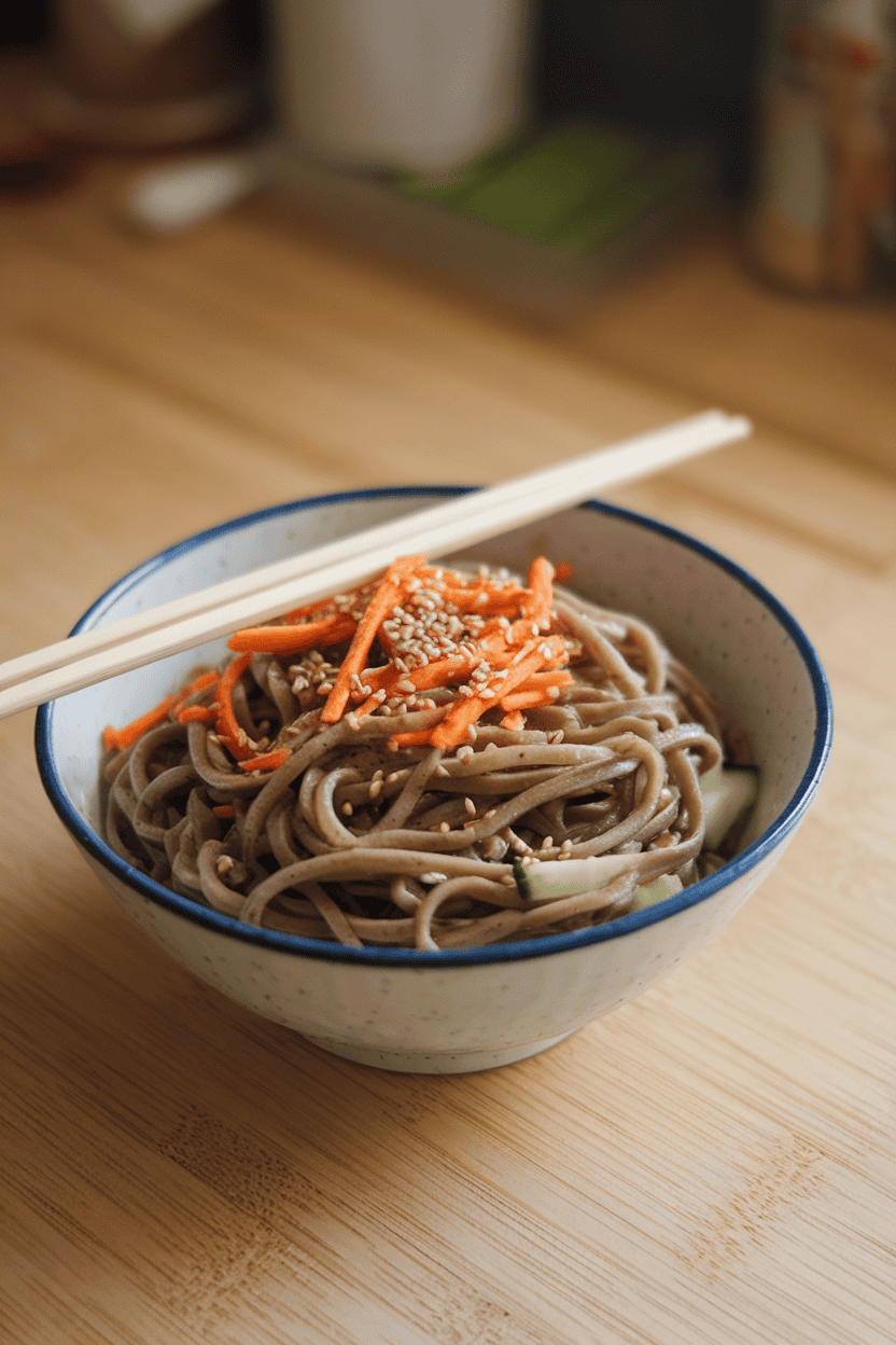 An indoor countertop bowl of chilled soba noodles tossed with shredded carrots, cucumbers, and a drizzle of sesame seeds. A pair of chopsticks rests across the bowl. No text or logos present. Photo, not illustration.