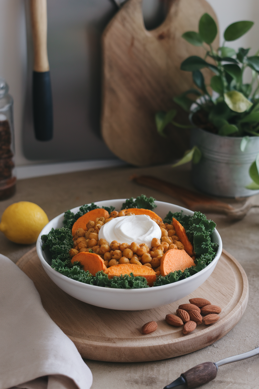 Indoor scene showing a bowl of massaged kale topped with curried chickpeas, roasted sweet potato rounds, and a swirl of coconut yogurt. No text or logos anywhere.