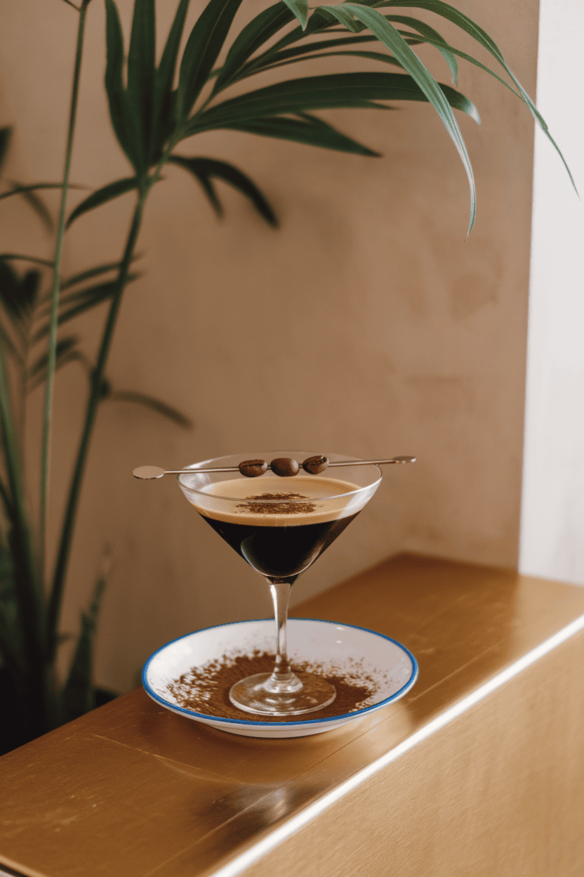 Indoor chic lounge with a V-shaped martini glass of near-black espresso martini topped by three coffee beans, dusting of cocoa powder on saucer; no text or logos.