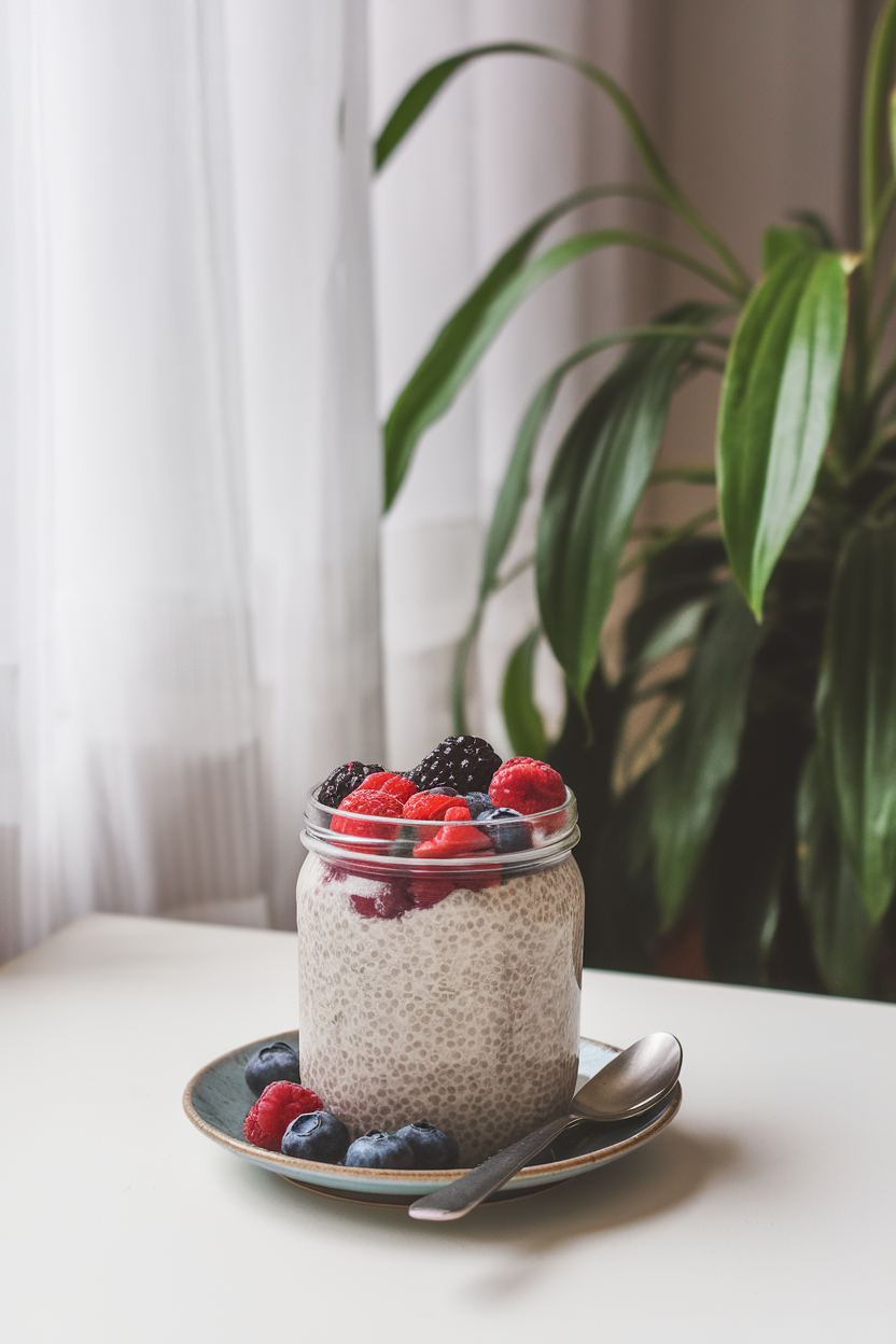 An indoor breakfast table showing a glass jar layered with creamy chia pudding and fresh mixed berries, served on a small plate with a spoon. Photo only, no text or logos.