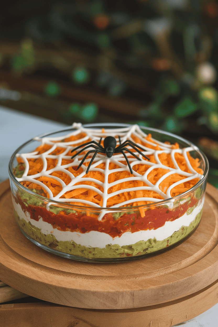 Indoor photo of a round glass pie dish layered dip with sour-cream spiderweb piped on top, plastic spider removed for safety. No text or logos.