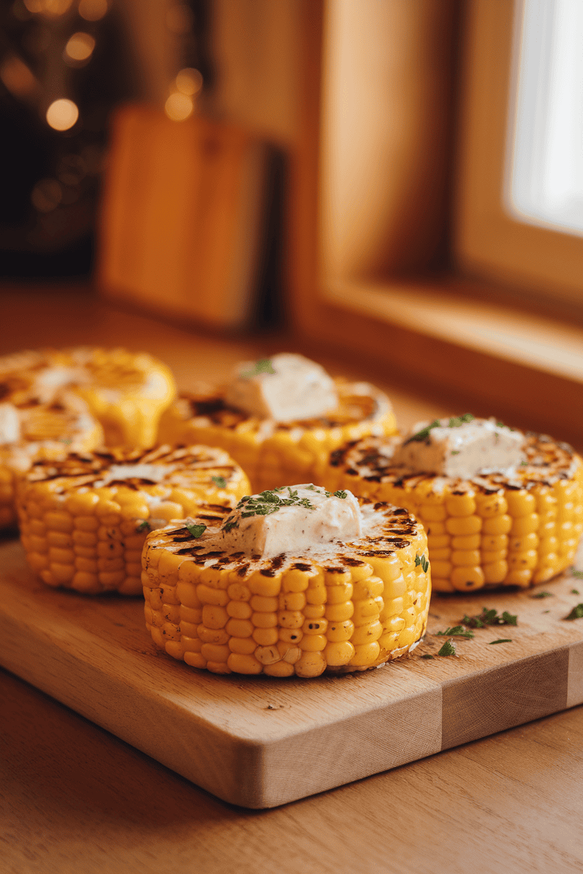 Photo of an indoor wooden cutting board stacked with grilled corn wheels brushed with melted garlic butter and sprinkled with parsley. Warm kitchen lighting; no text or logos.