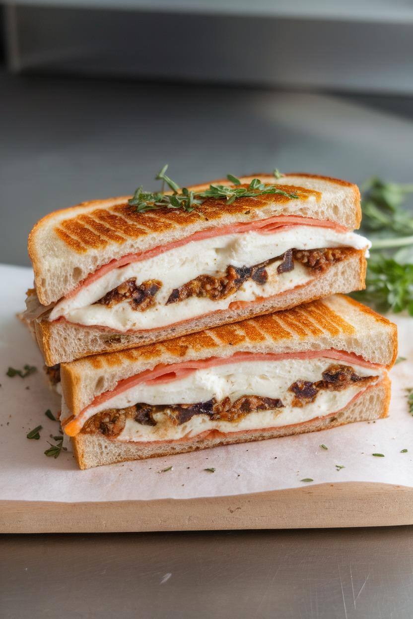 Photo of a pressed panini sandwich cut in half on an indoor board, melted mozzarella and olive tapenade visible; no text or logos.
