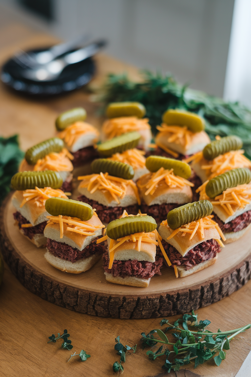 Indoor wooden board with mini beef sliders topped with shredded cheese “fur” and pickle “fangs.” No text or logos.