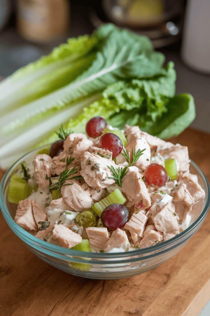 Indoor tabletop shot of diced cooked chicken mixed with Greek yogurt, celery, grapes, and herbs, with romaine leaves beside it; no logos.