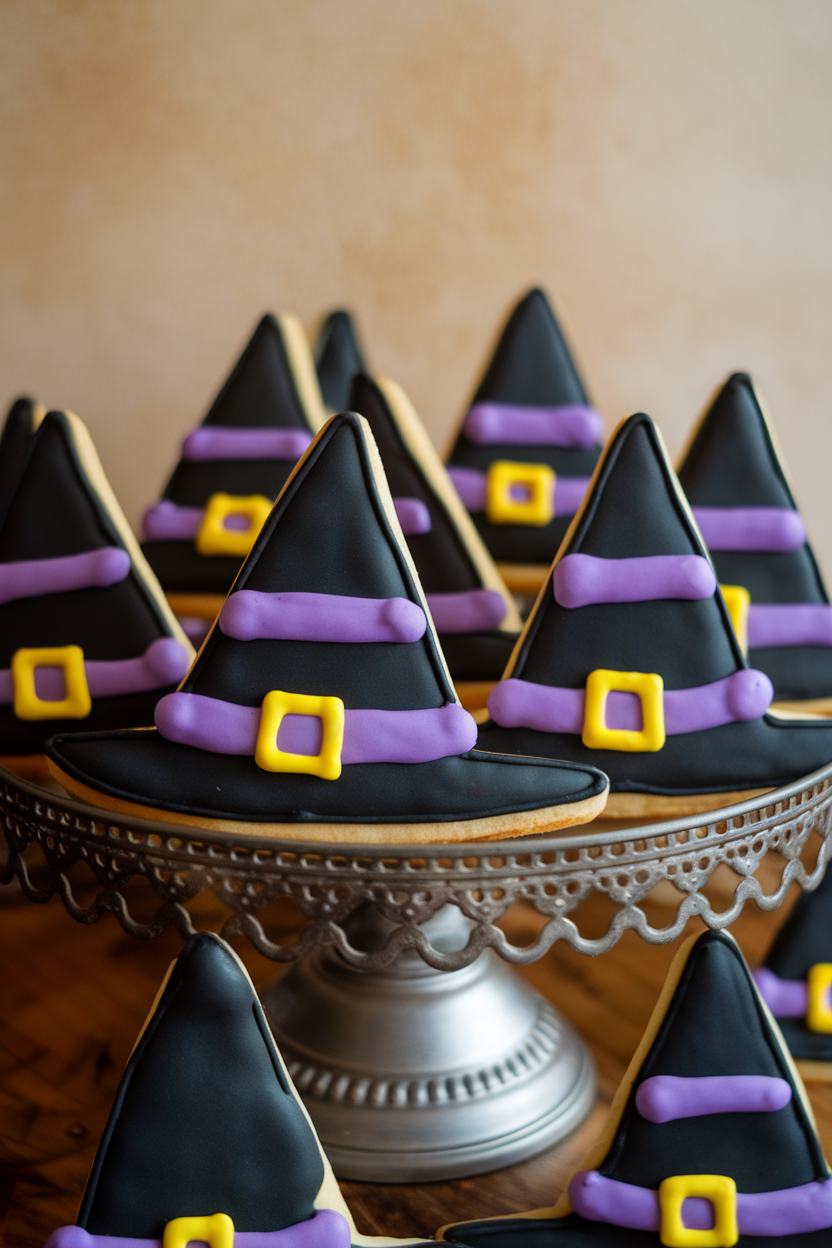 Indoor photo of triangular black-iced cookies shaped like witch hats, trimmed with purple icing bands and yellow buckles, on a cake stand, no text or logos.