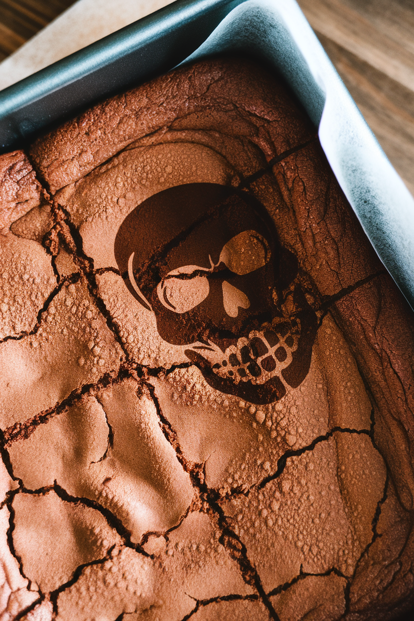 An indoor brownie pan with crackly-topped brownies, a dusting of cocoa powder skull stencil on one corner. Photo only, no text or logos.